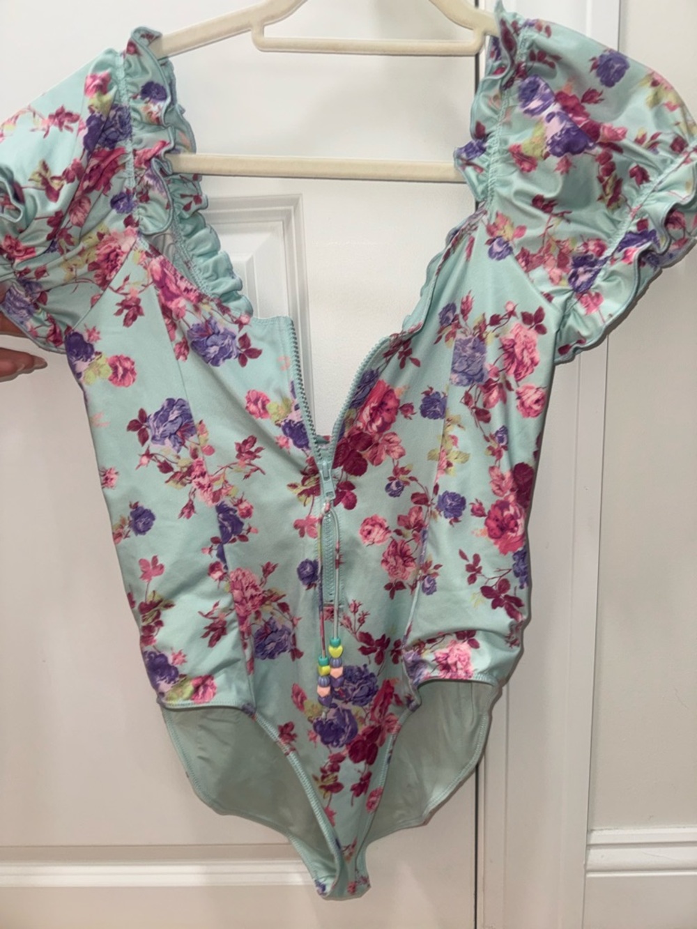 LoveShackFancy Mint Floral Ruffled One-Piece Swimsuit